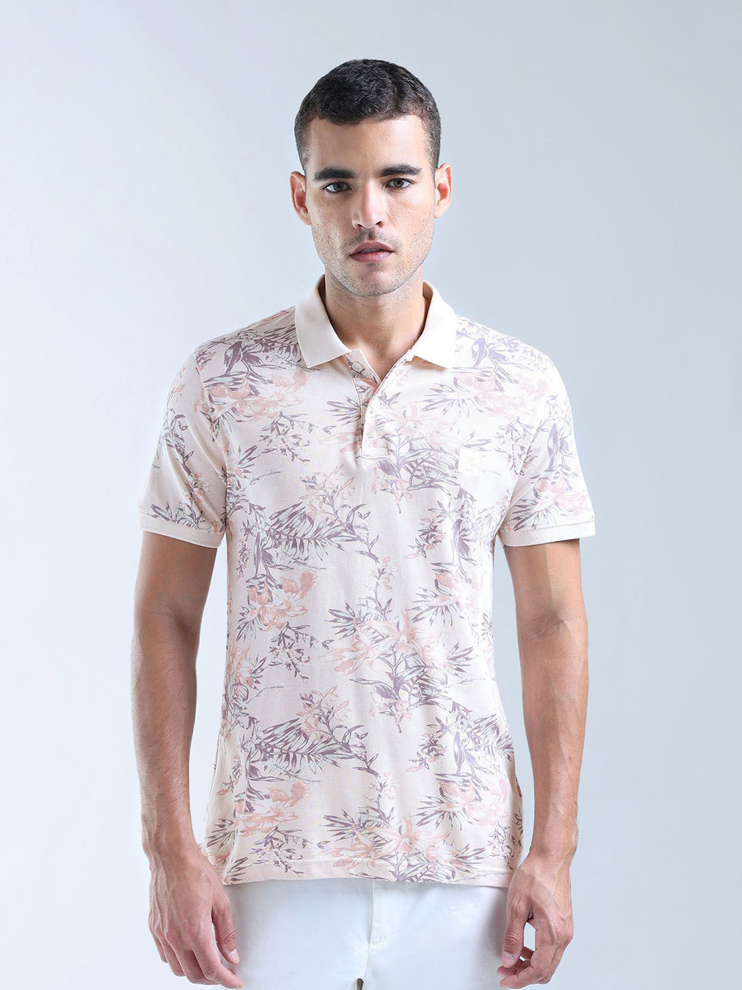 

Flying Machine Men Floral Printed Polo Collar Pockets T-shirt, Pink