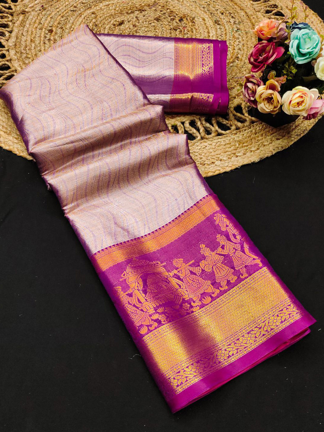 

yourwish Woven Design Zari Pure Silk Kanjeevaram Saree, Purple