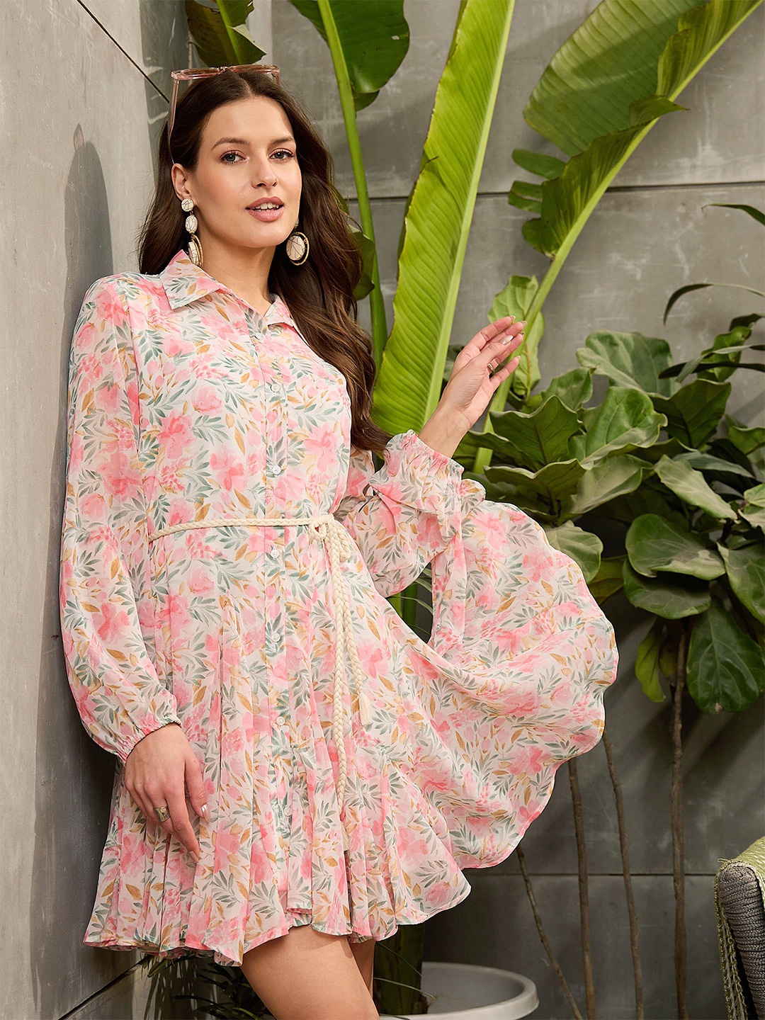 

SASSAFRAS Floral Print Georgette Fit & Flare Dress, Pink