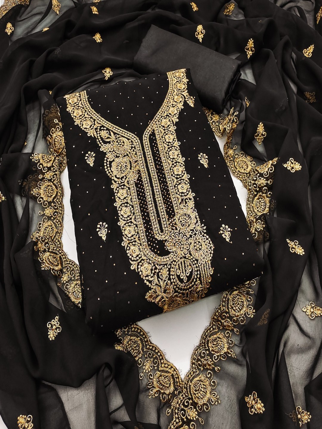 

KALINI Ethnic Motifs Embroidered Georgette Unstitched Dress Material, Black