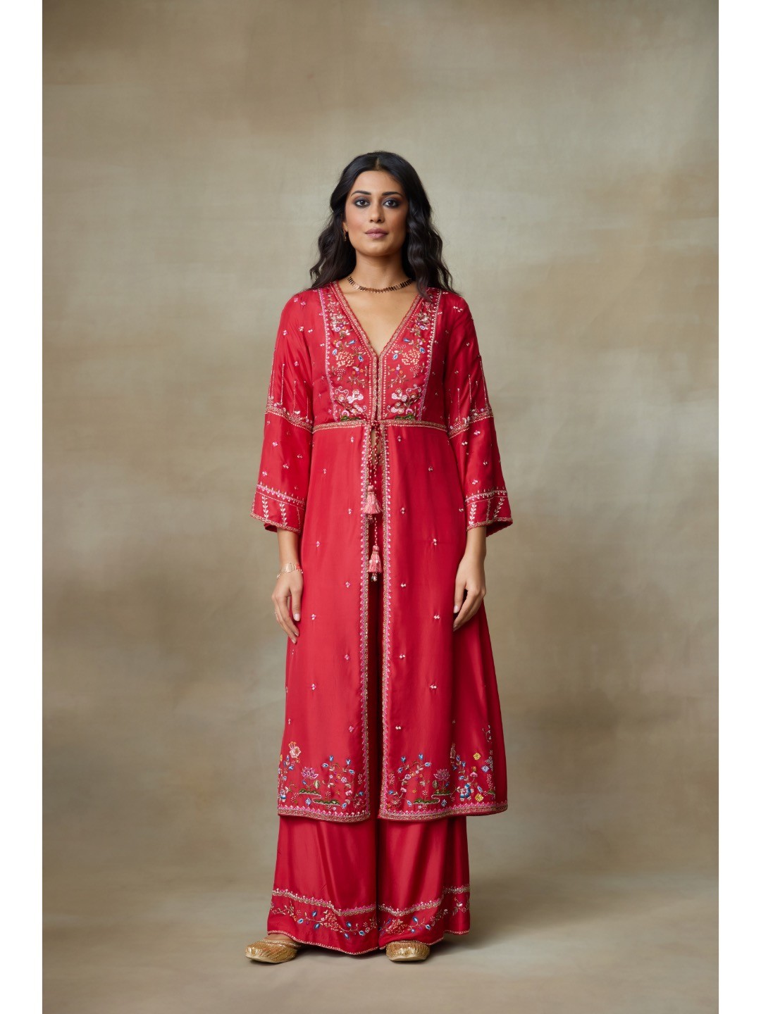 

SHASHA GABA Women Ethnic Motifs Embroidered Layered Zardozi Pure Silk Kurta with Palazzos & With Dupatta, Red