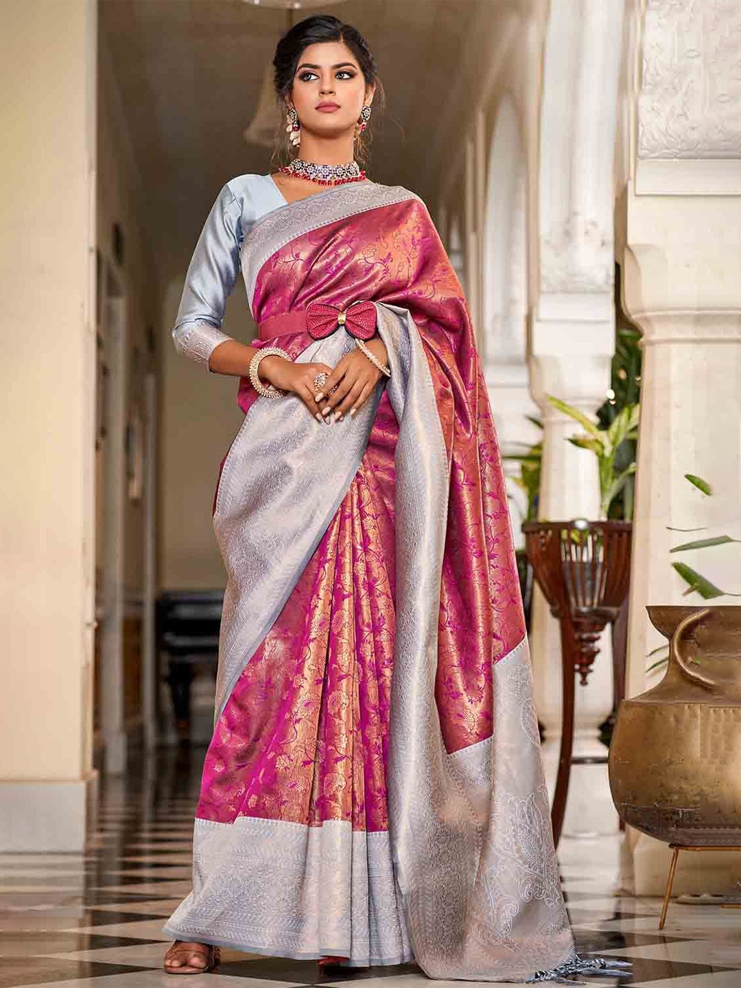 

FASHION STROM Woven Design Silk Blend Designer Banarasi Saree, Pink
