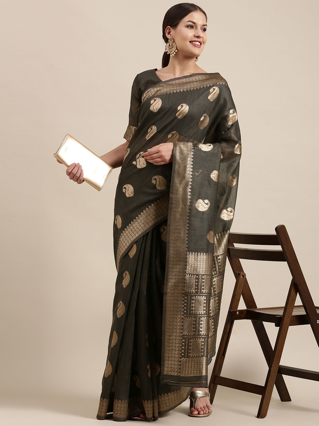 

Mitera Bagh Zari Linen Blend Banarasi Saree, Charcoal