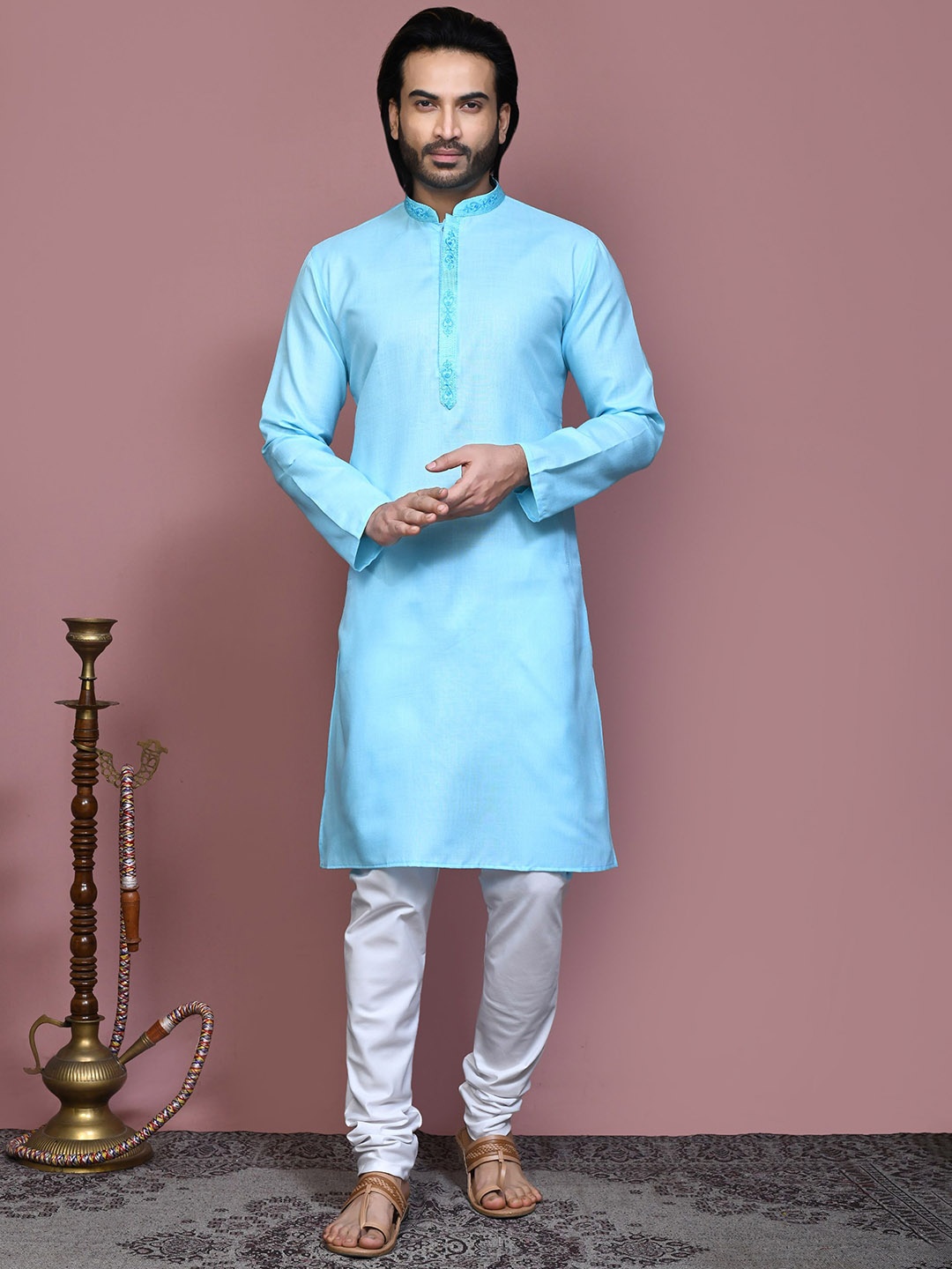 

RANAK Men Embroidered Regular Pure Cotton Kurta with Pyjamas, Blue