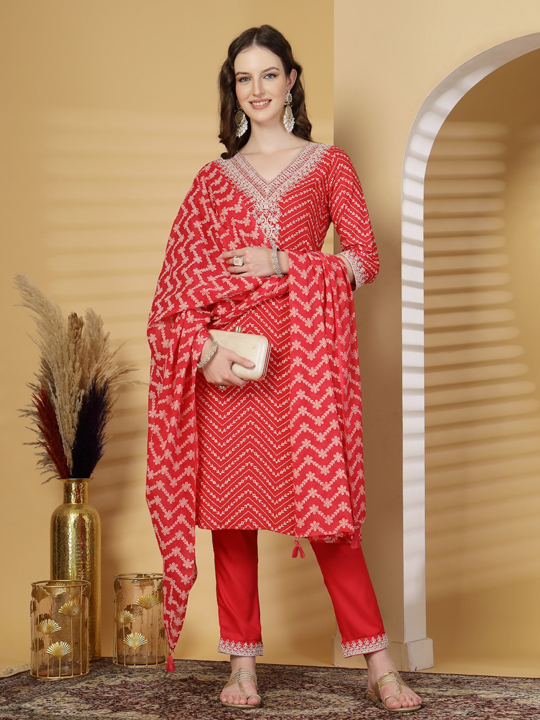 

KALINI Women Embroidered Regular Zardozi Kurta with Trousers & With Dupatta, Pink