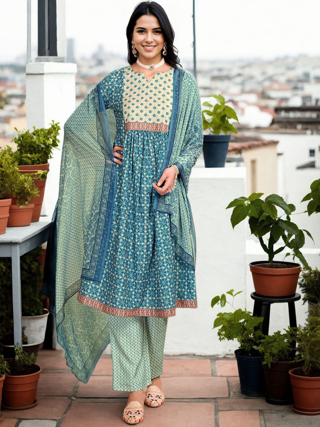 

Anouk Women Ethnic Motifs Printed Pleated Kurta with Trousers & With Dupatta, Blue