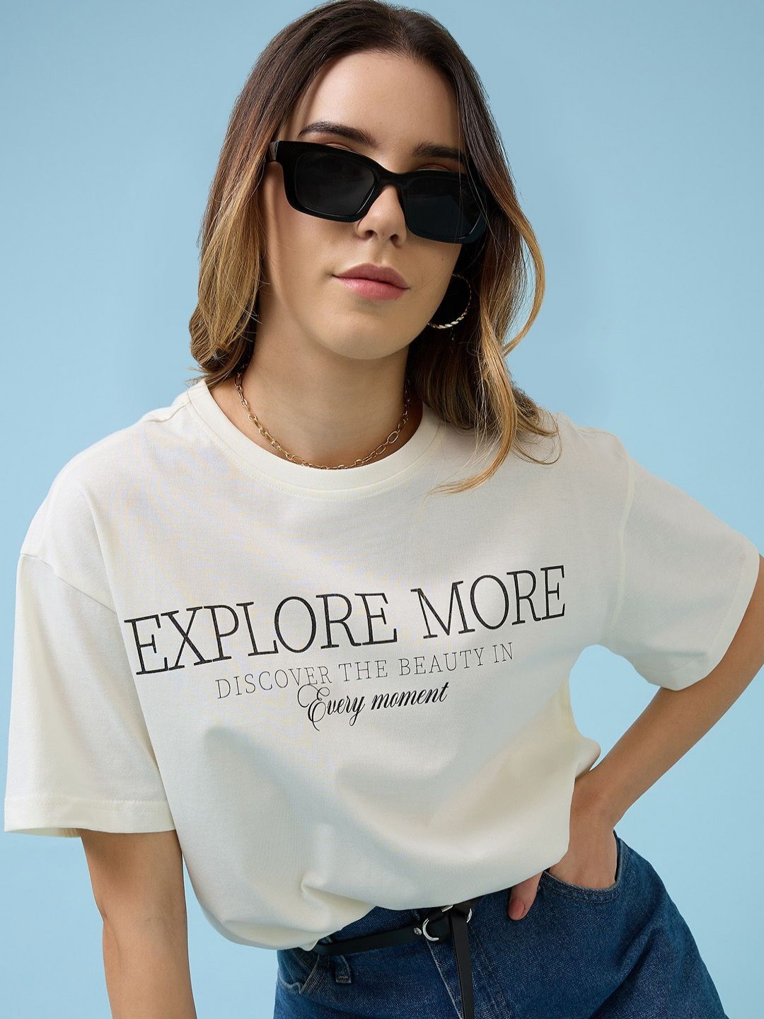 

Mast & Harbour Women Printed Raw Edge T-shirt, Off white