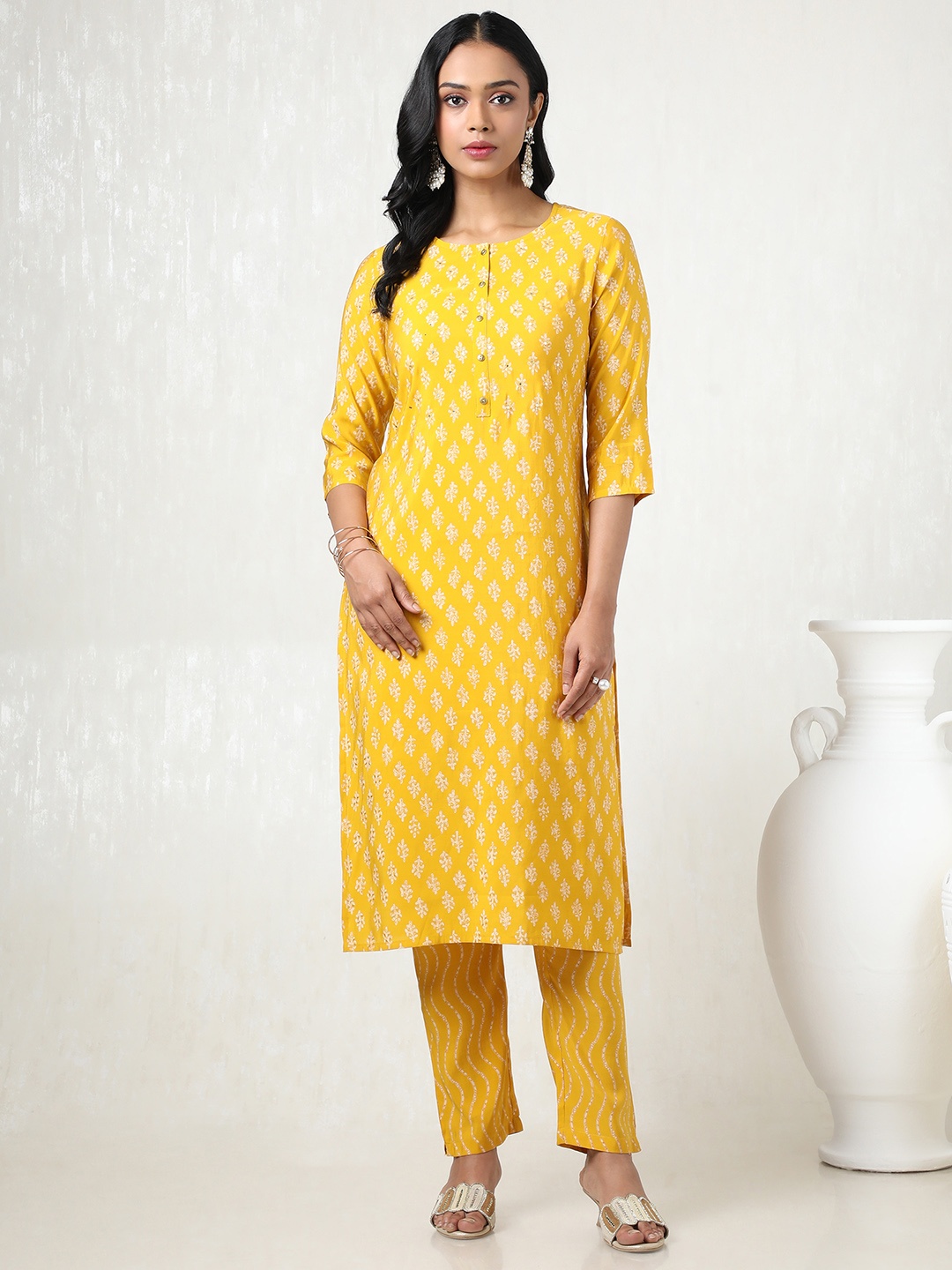 

Soch Women Floral Printed Regular Mirror Work Kurta with Trousers, Yellow