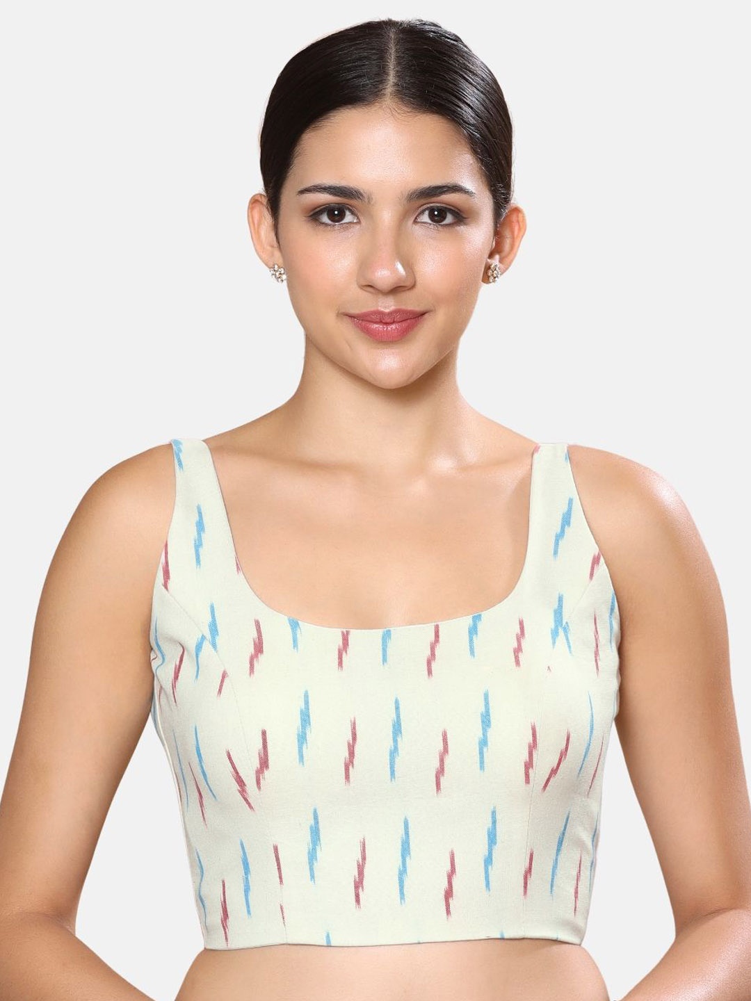 

Studio Shringaar Printed Round Neck Sleeveless Saree Blouse, Off white