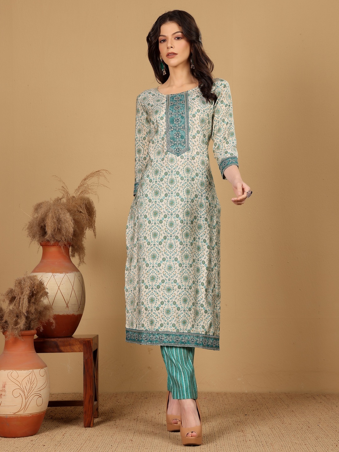 

HERE&NOW Women Floral Yoke Design Regular Kurta with Trousers & With Dupatta, Blue
