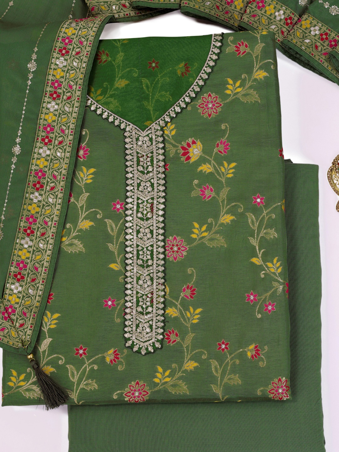 

KULEESH Floral Woven Design Sequinned Pure Silk Unstitched Dress Material, Green