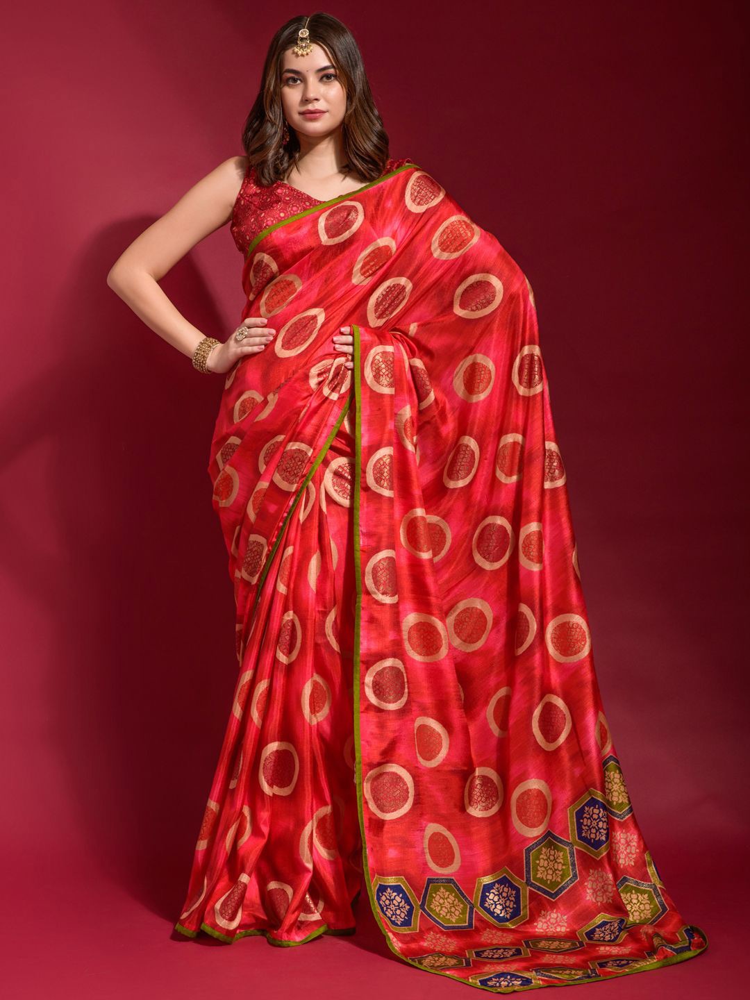 

Mitera Dabu Silk Blend Block Print Saree, Red