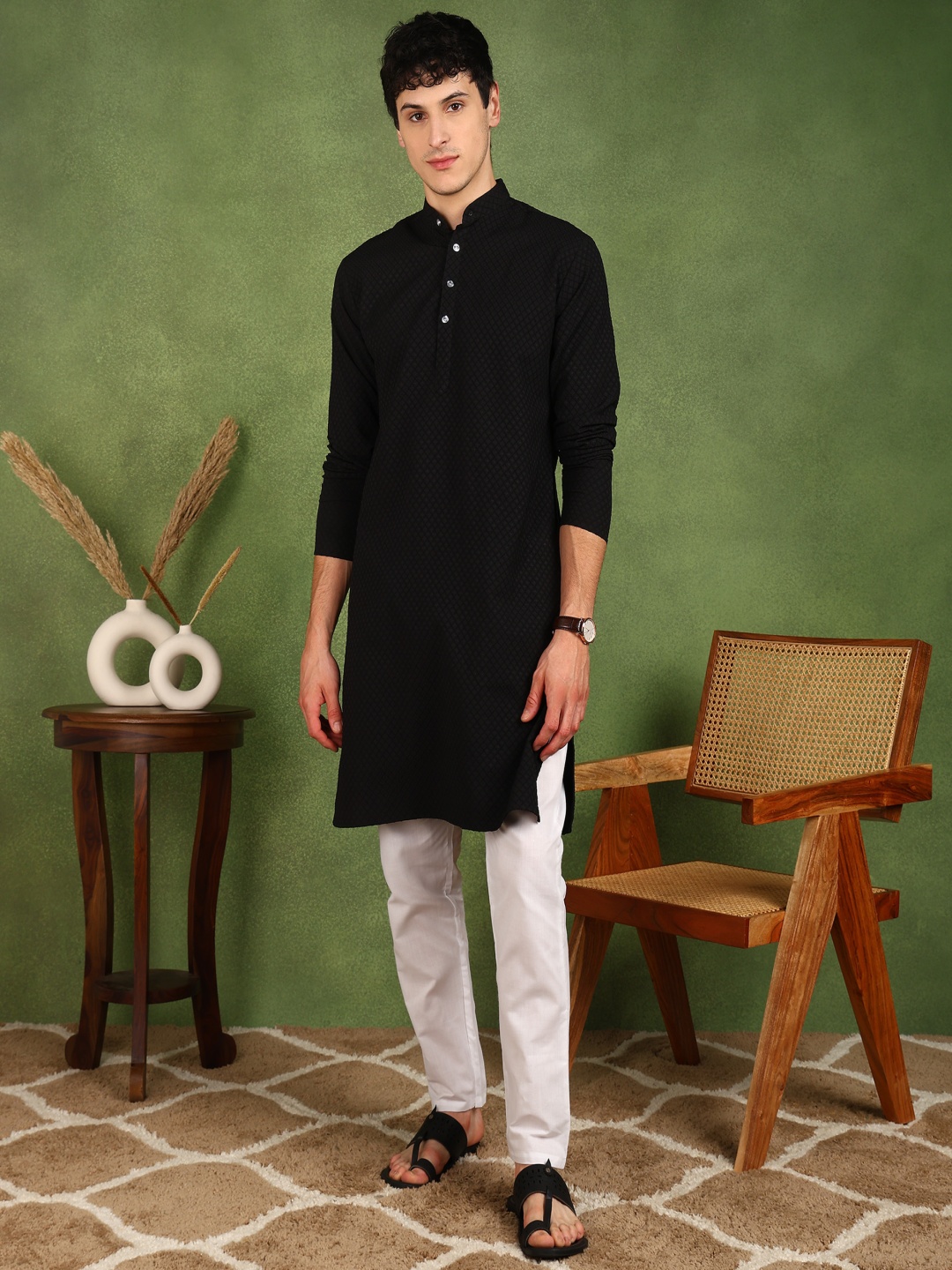 

PulseIQ Men Embroidered Regular Kurta with Pyjamas, Black