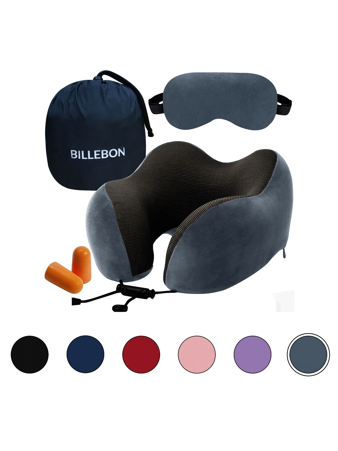 

BILLEBON Grey Set of 2 Memory Foam Filled Polycotton Breathable Travel Pillow