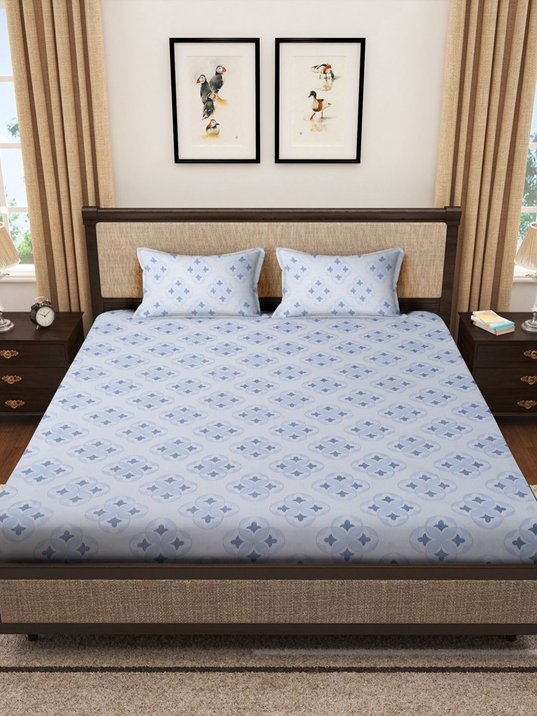 

Myntra Elegant Homes White & Blue Printed Cotton 400 TC King Bedsheet Set 2.50 m x 2.25 m