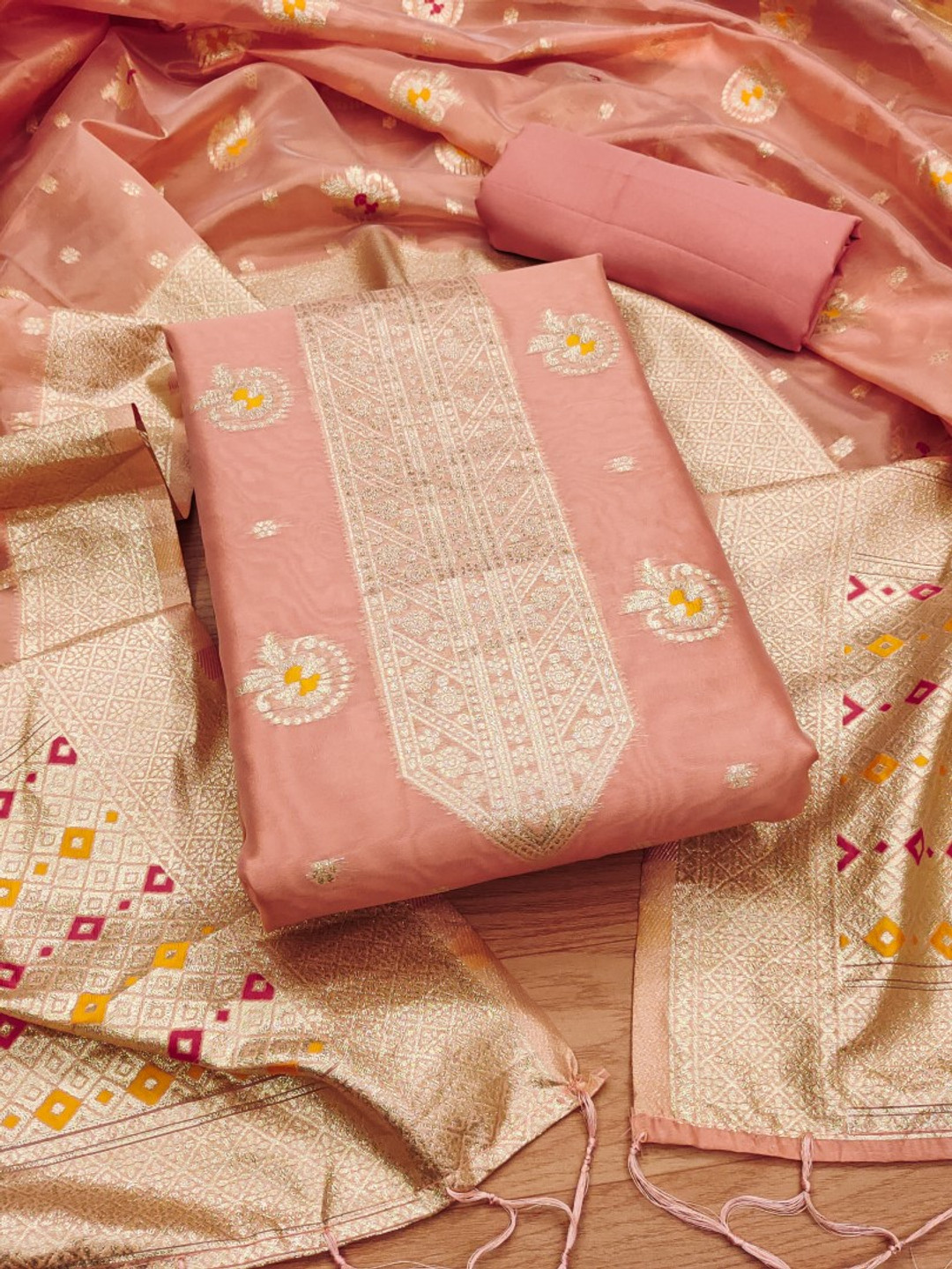 

Rangtulika Ethnic Motifs Woven Design Organza Unstitched Dress Material, Peach