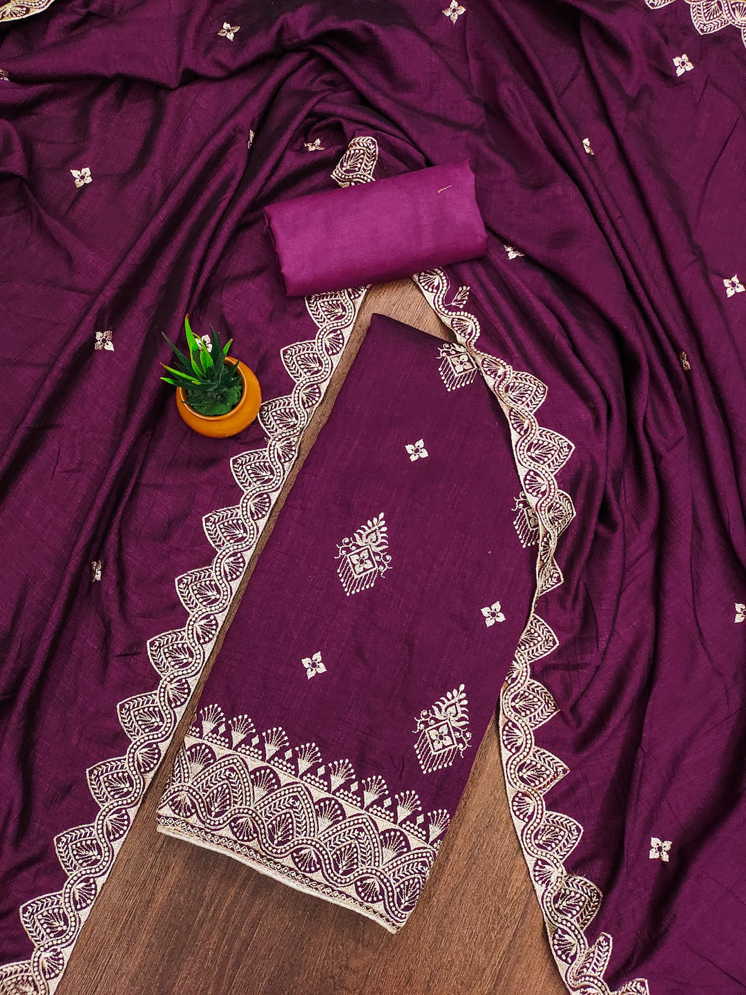 

Rangtulika Ethnics Motifs Embroidered Unstitched Dress Material, Purple