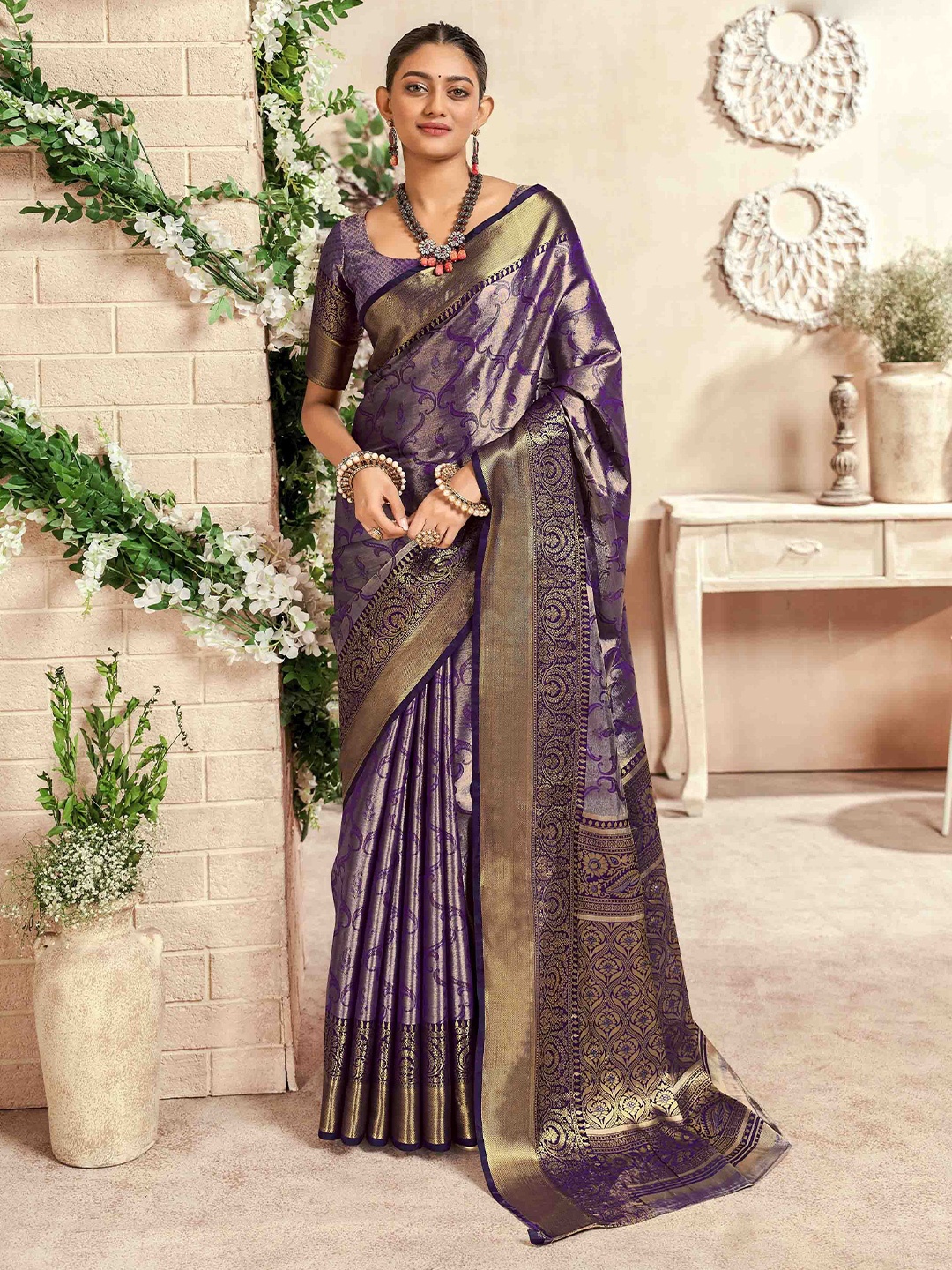 

Blissta Woven Design Zari Silk Blend Dharmavaram Saree, Purple