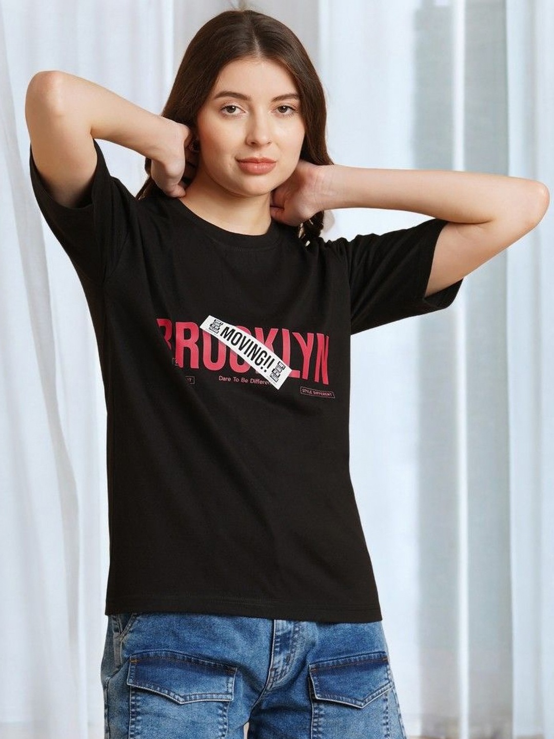 

DressBerry Women Typography Printed Pockets T-shirt, Black