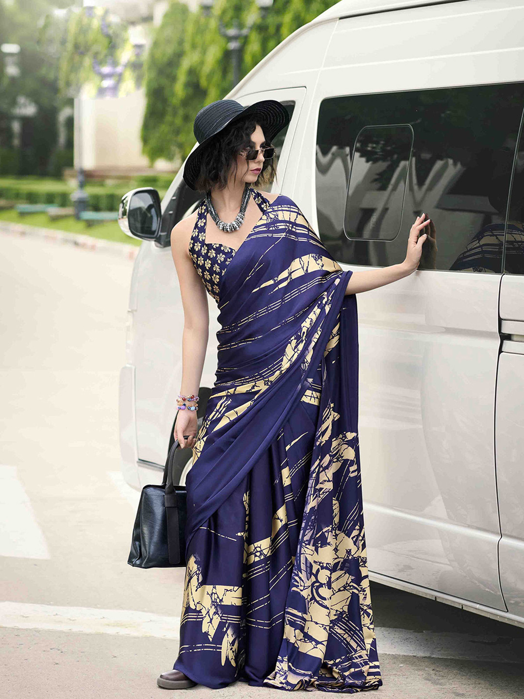 

KALINI Floral Satin Saree, Navy blue