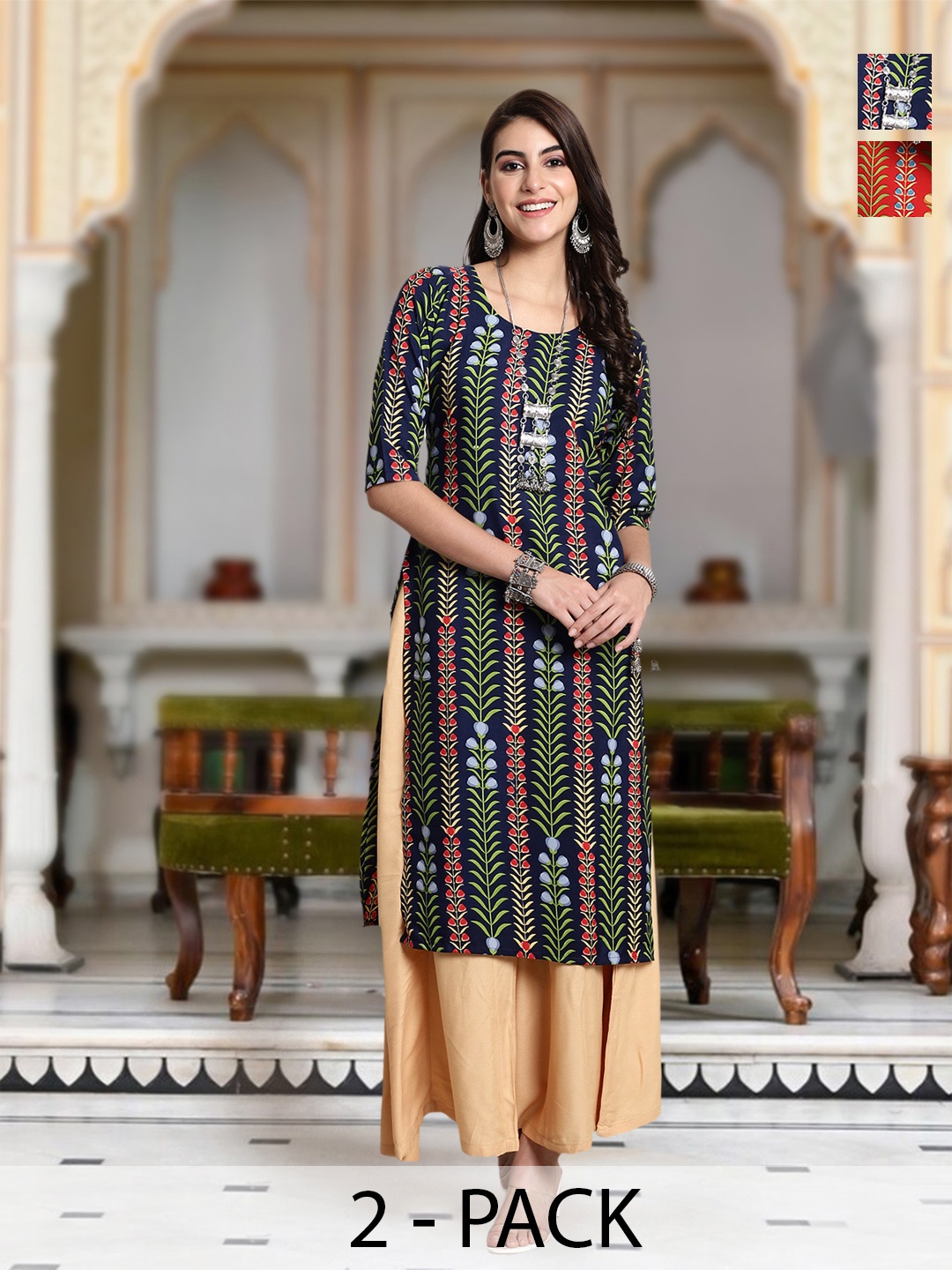 

Moda Rapido Selection Of 2 Floral Printed Round Neck Straight Kurta, Black