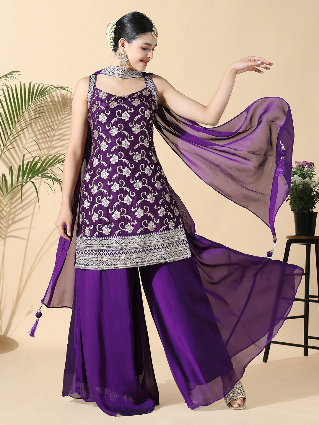 

SHOWOFF Women Ethnic Motifs Regular Kurti with Palazzos & With Dupatta, Purple