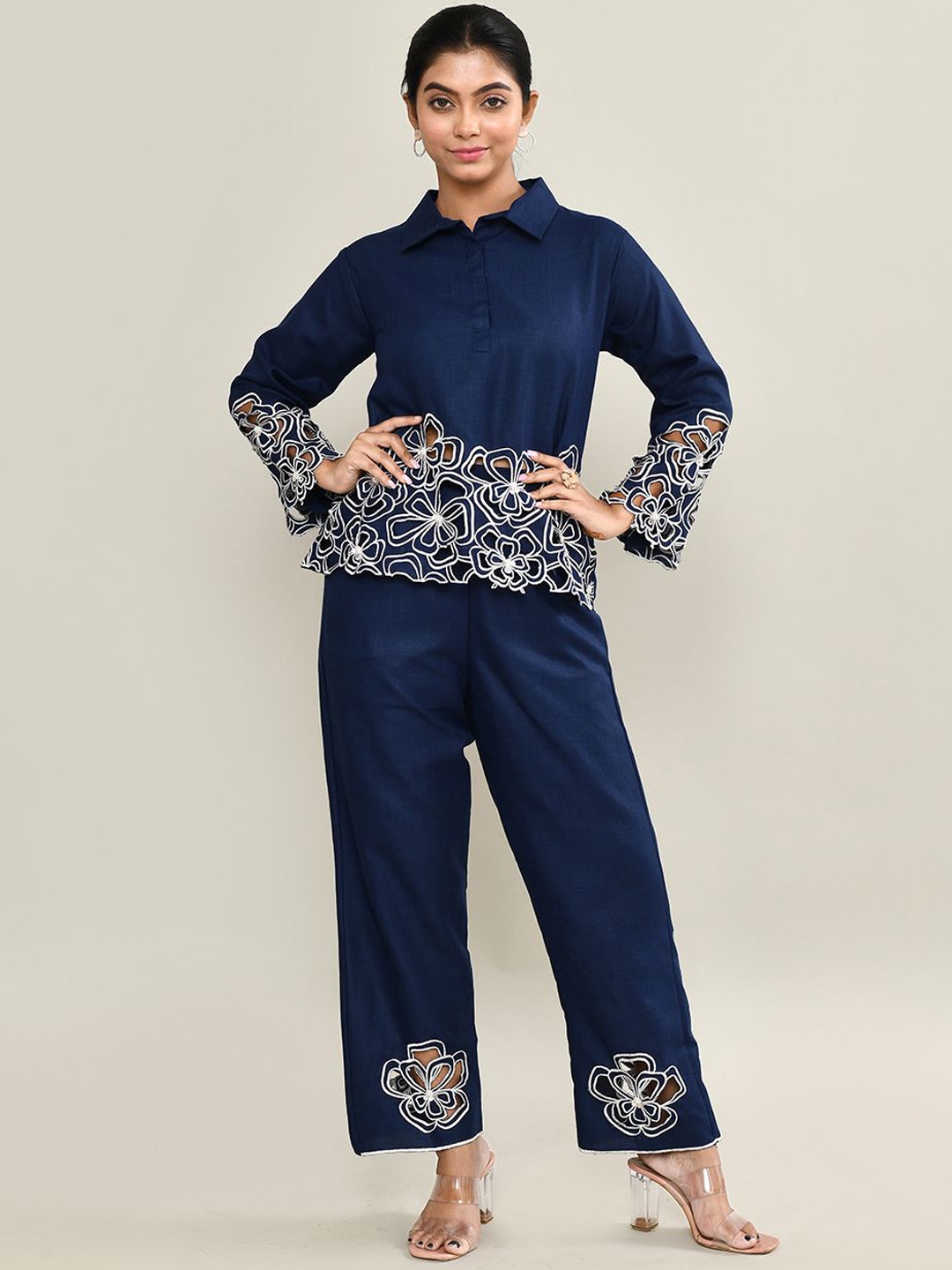 

The Maple Floral Printed Shirt Collar Pure Cotton Top With Trousers, Navy blue