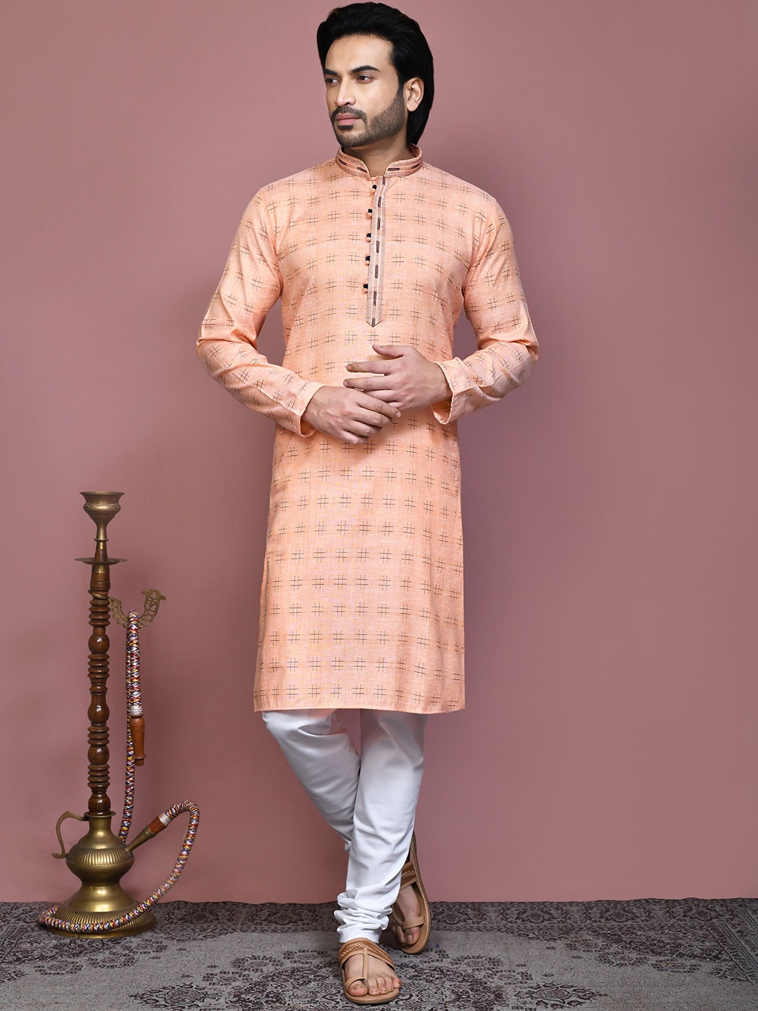 

RANAK Men Embroidered Regular Pure Cotton Kurta with Pyjamas, Orange