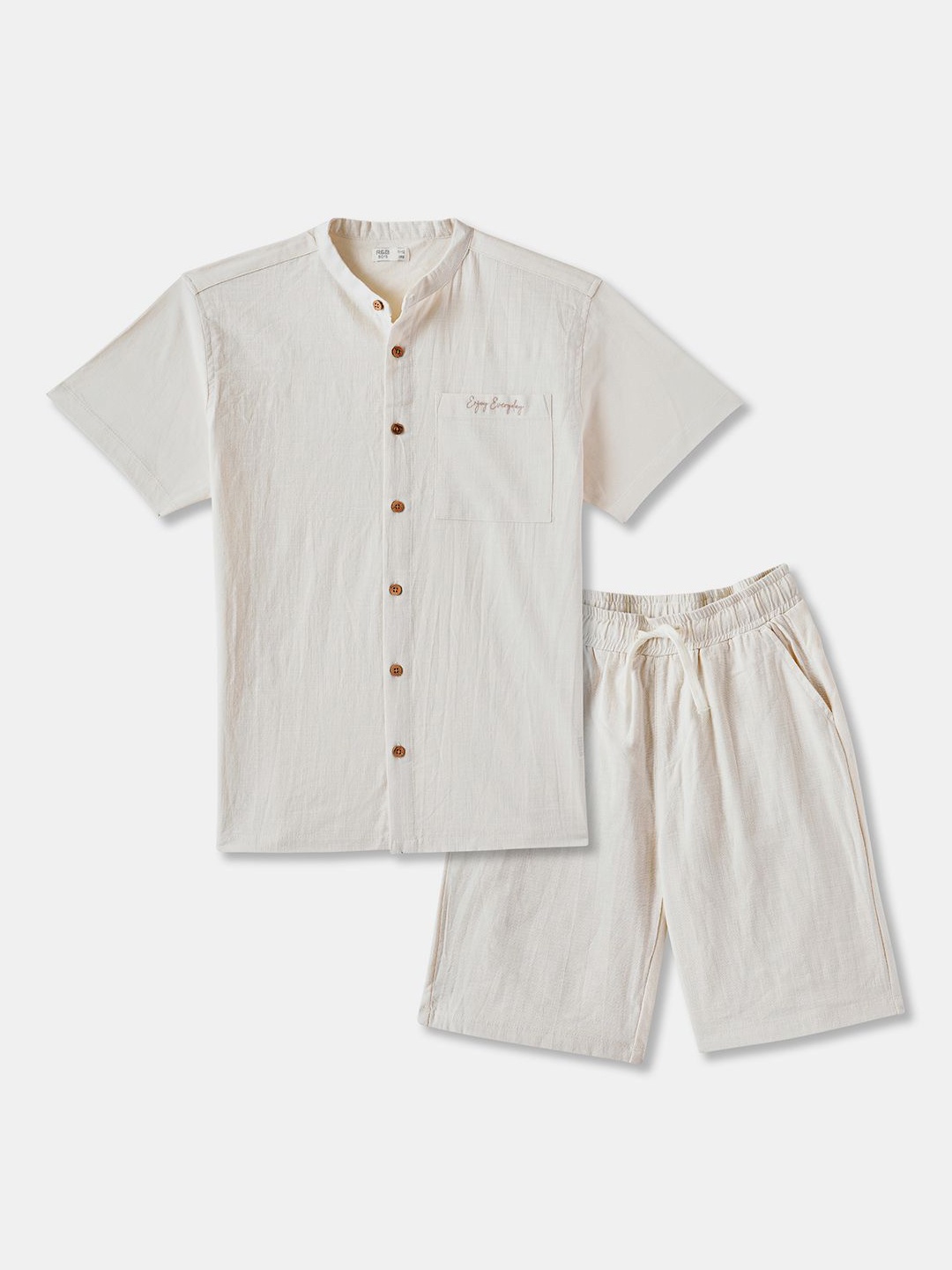 

R&B Boys Band Collar Pure Cotton Shirt & Shorts, Beige