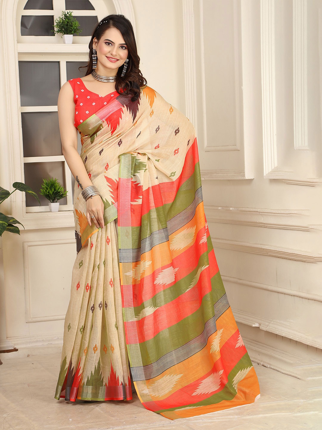 

Anouk Woven Design Zari Linen Blend Saree, Beige