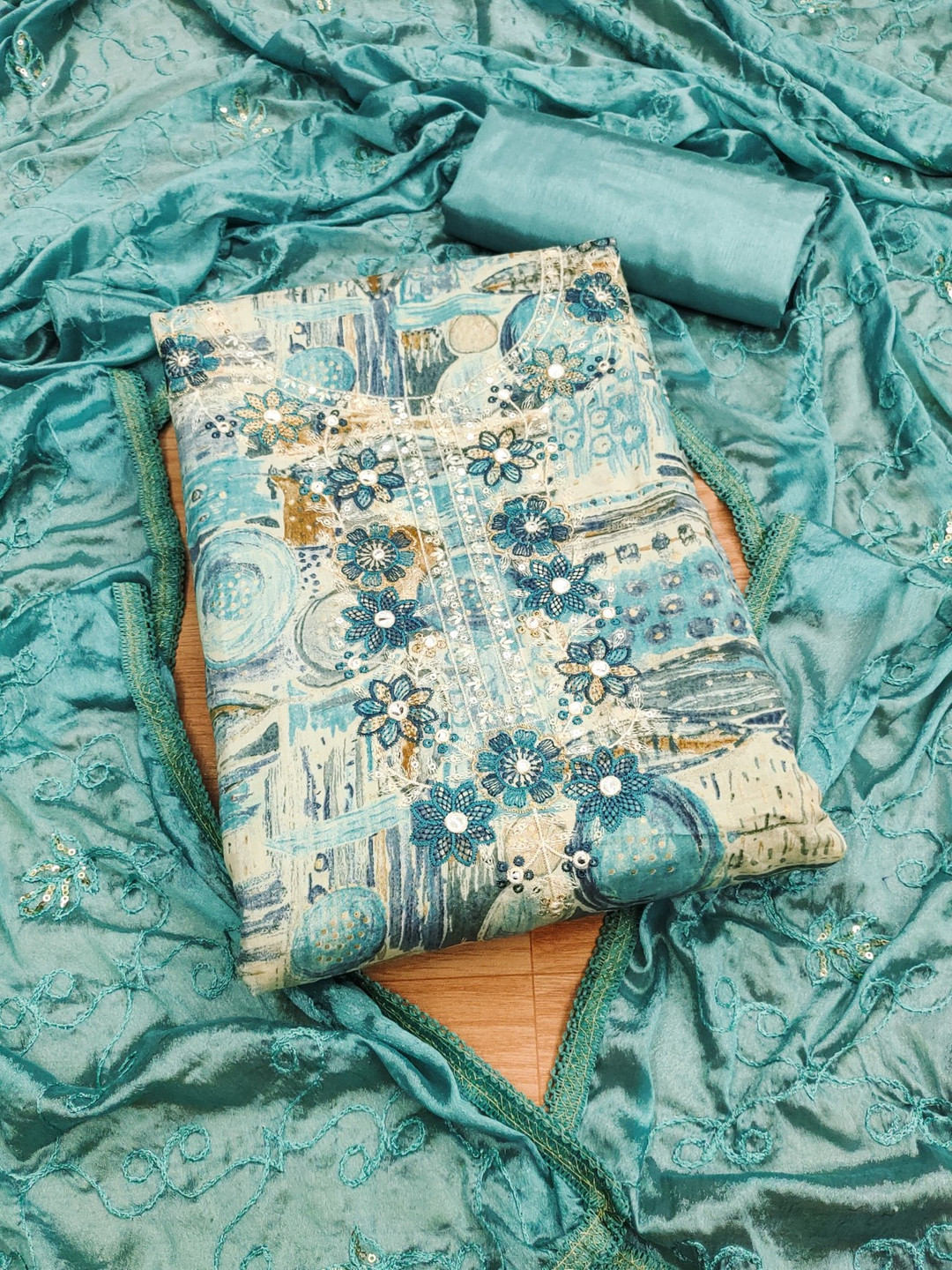 

Panzora Floral Embroidered Sequinned Unstitched Dress Material, Blue