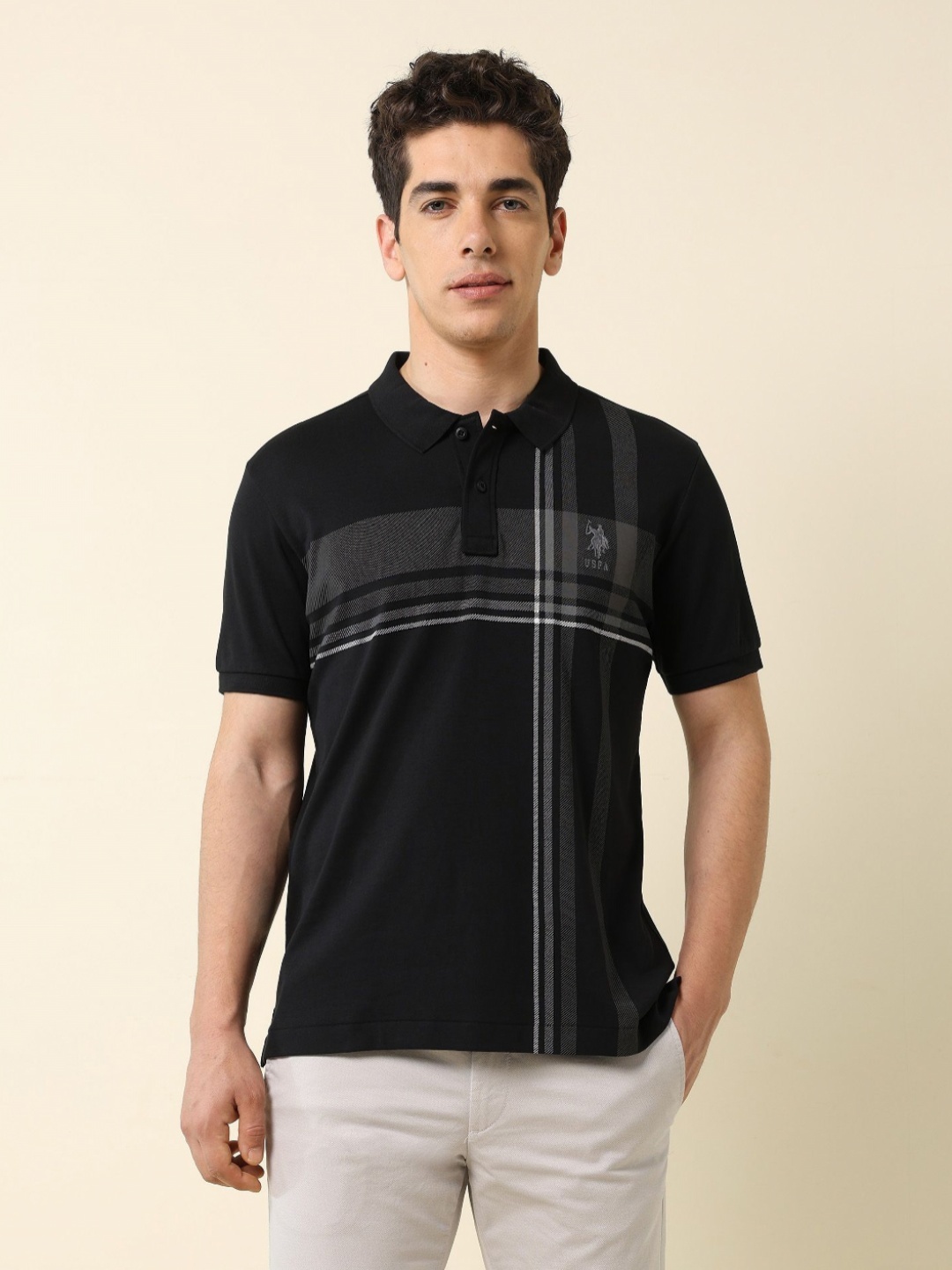 

U.S. Polo Assn. Men Checked Polo Collar Pockets Slim Fit T-shirt, Black