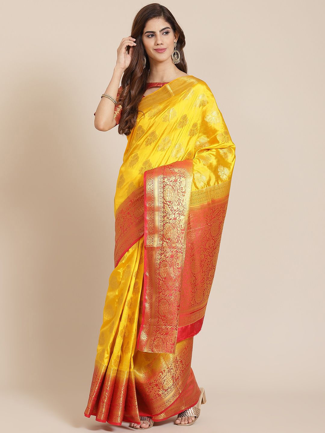 

DIVASTRI Woven Design Zari Silk Blend Banarasi Saree, Yellow