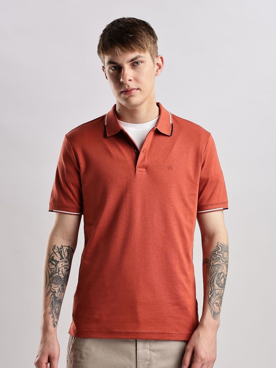 

Calvin Klein Jeans Men Polo Collar Organic Cotton Pockets Slim Fit T-shirt, Rust