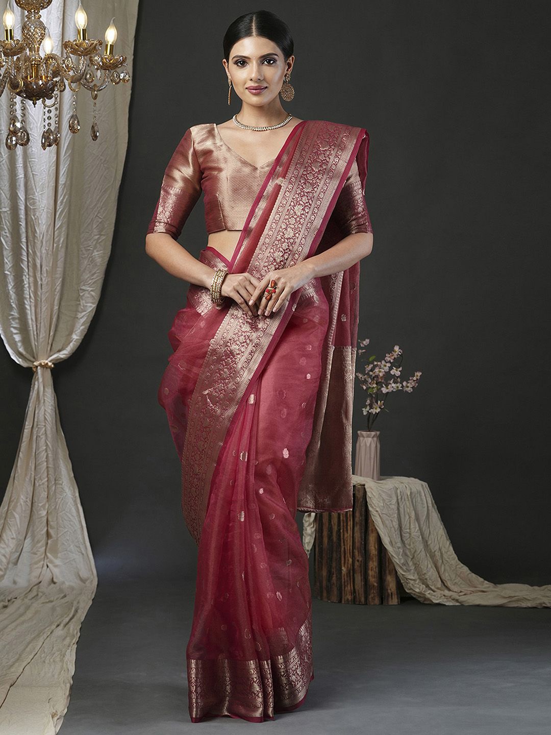 

Mitera Ethnic Motifs Zari Organza Banarasi Saree, Rust