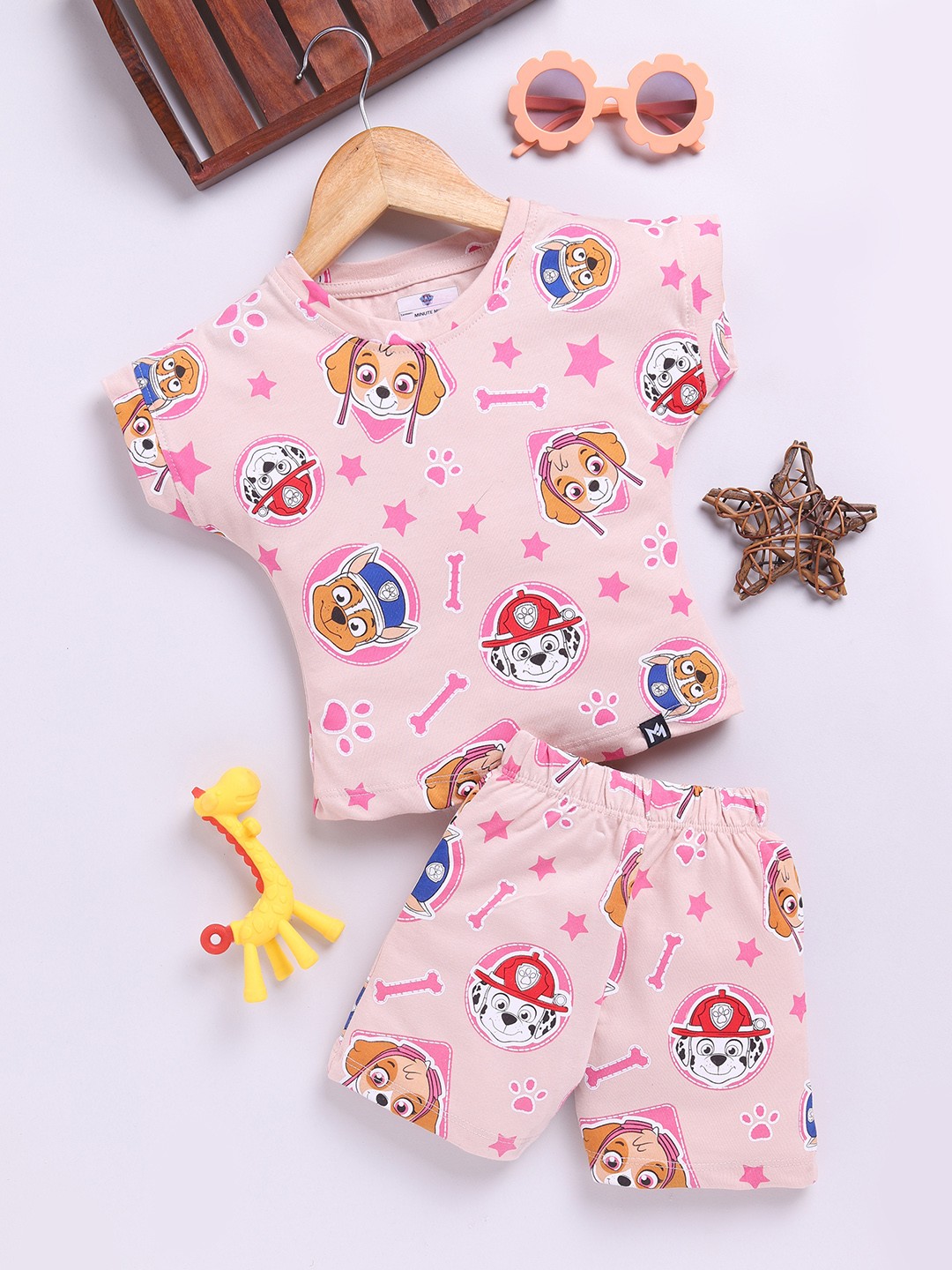 

YK X Minute Mirth Infant Girls Paw Patrol Printed Pure Cotton T-shirt With Shorts, Peach
