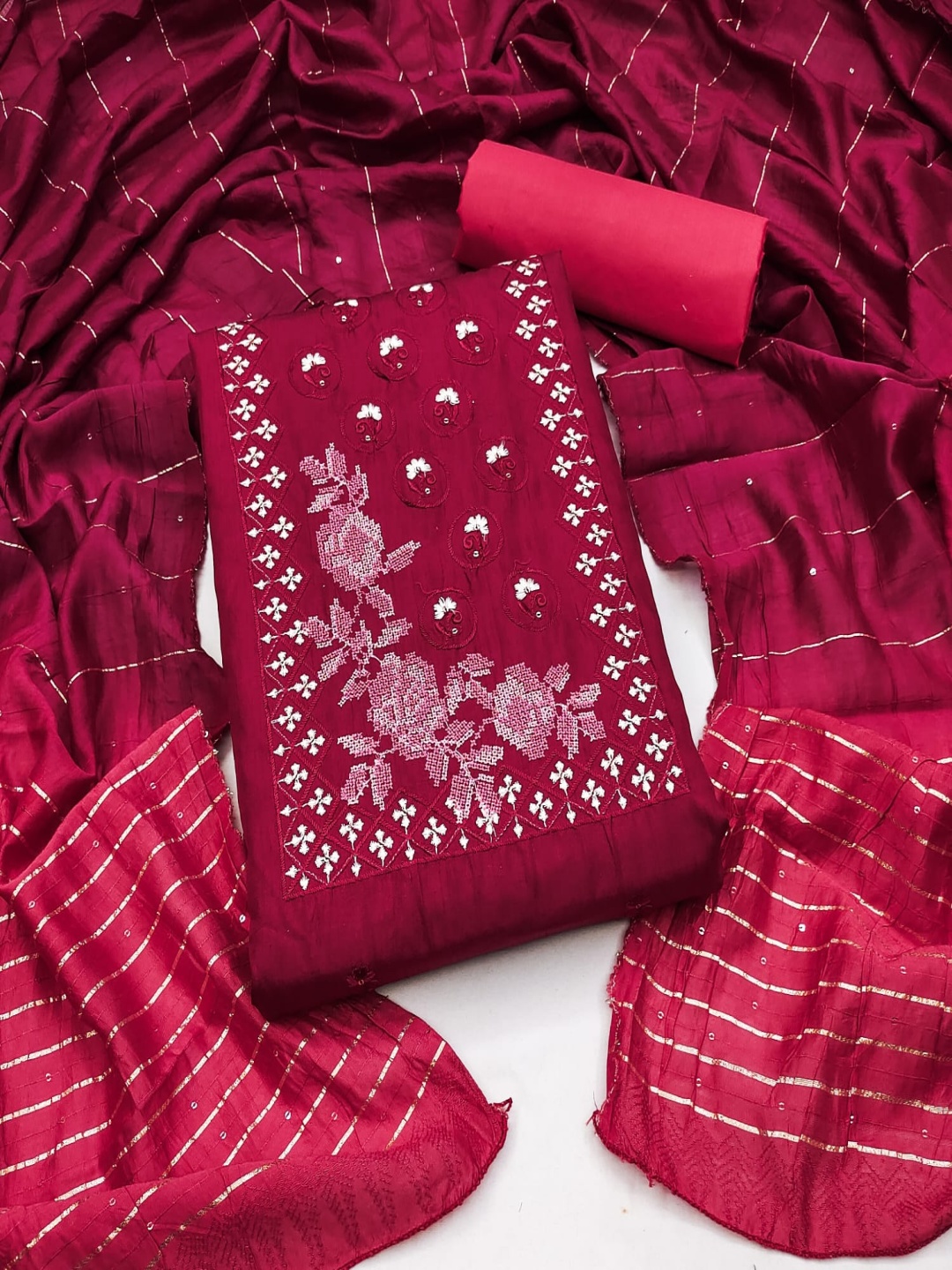 

Rangtulika Ethnics Floral Embroidered Sequinned Unstitched Dress Material, Red