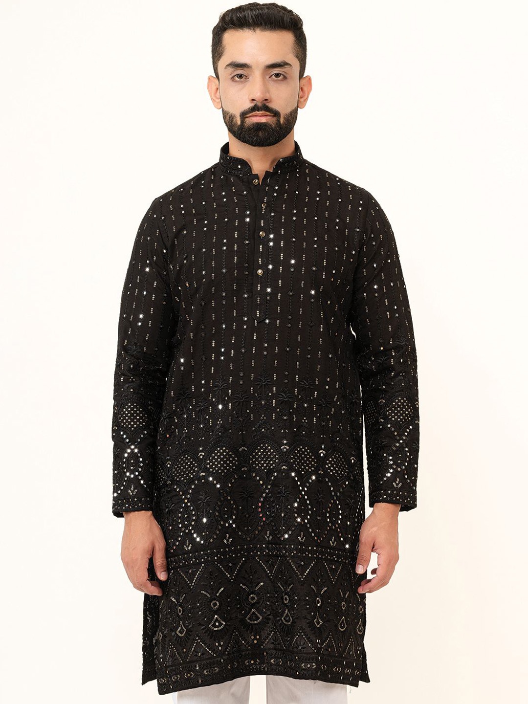 

Tistabene Embroidered Mandarin Collar Sequence Handloom Straight Kurta, Black