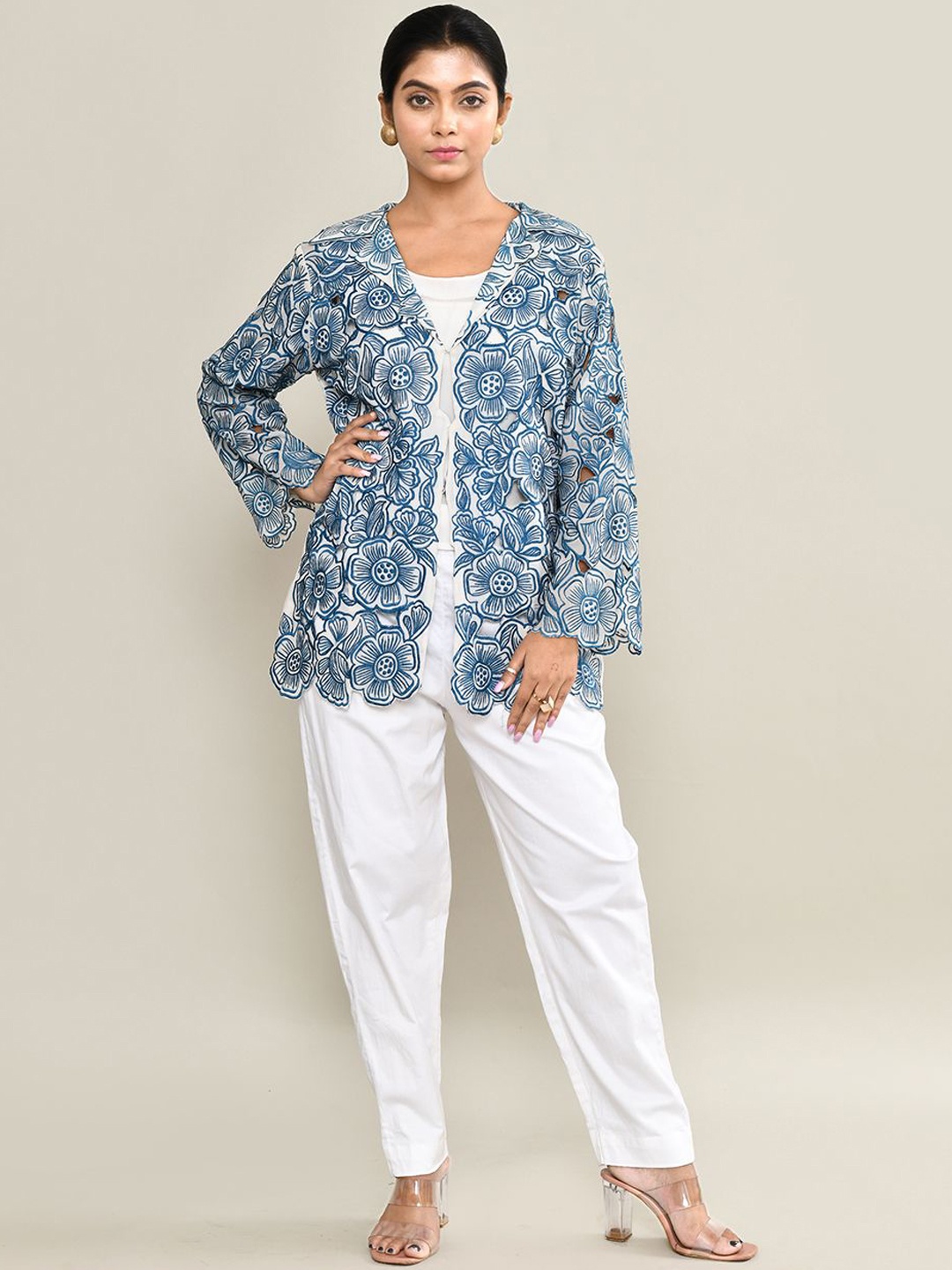 

The Maple Floral Printed Shirt Collar Top With Trousers, White