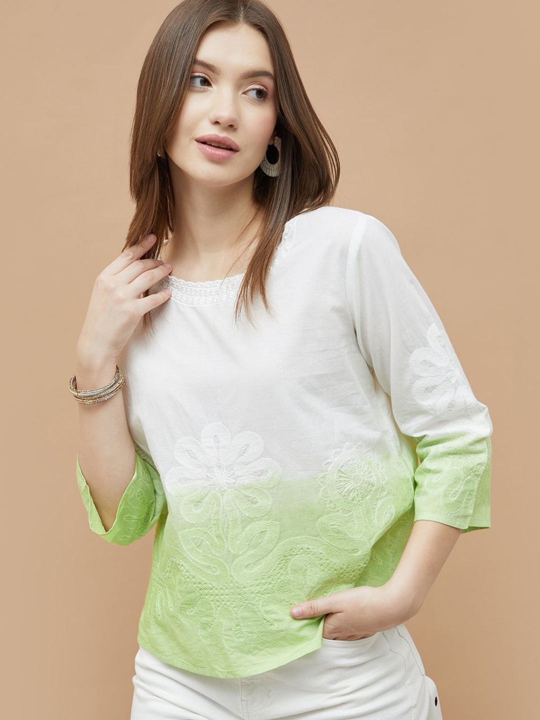 

Colour Me by Melange Floral Cotton Top, Green