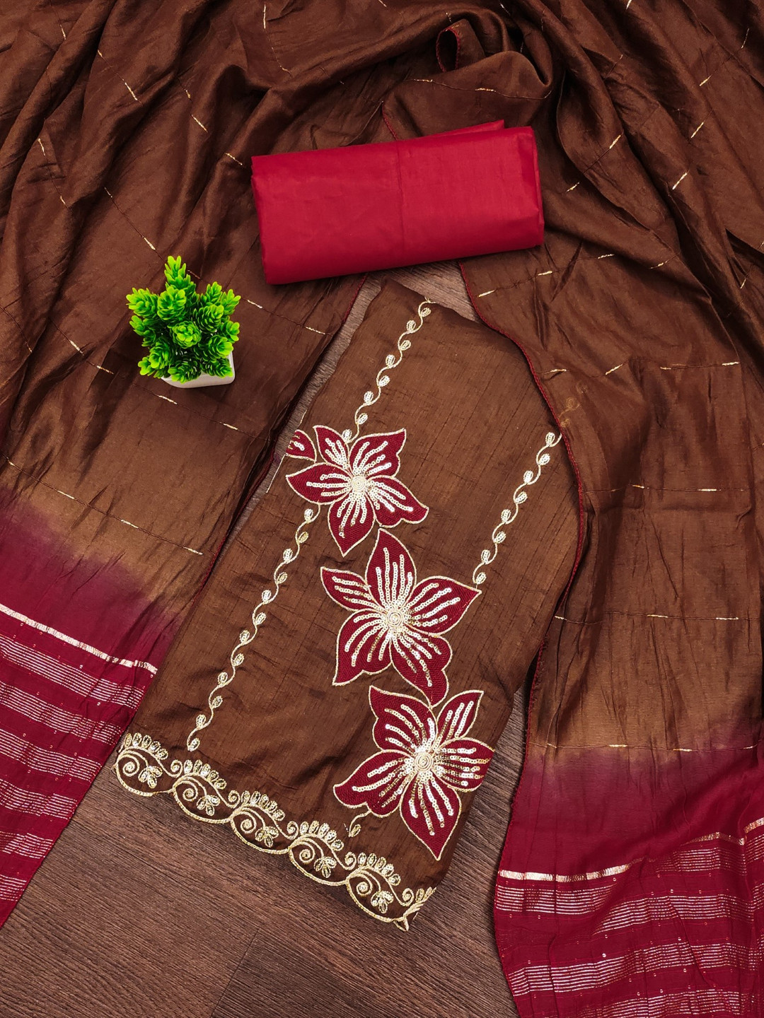 

KALINI Floral Embroidered Unstitched Dress Material, Brown