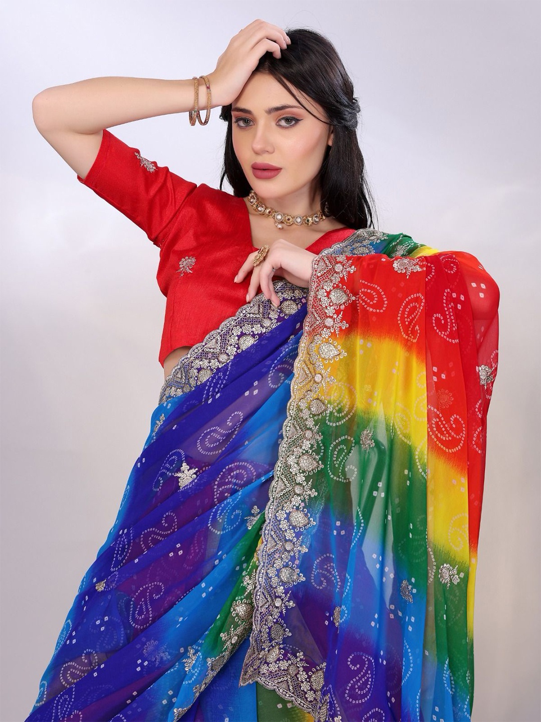 

VenderVilla Bandhani Sequinned Pure Georgette Saree, Red