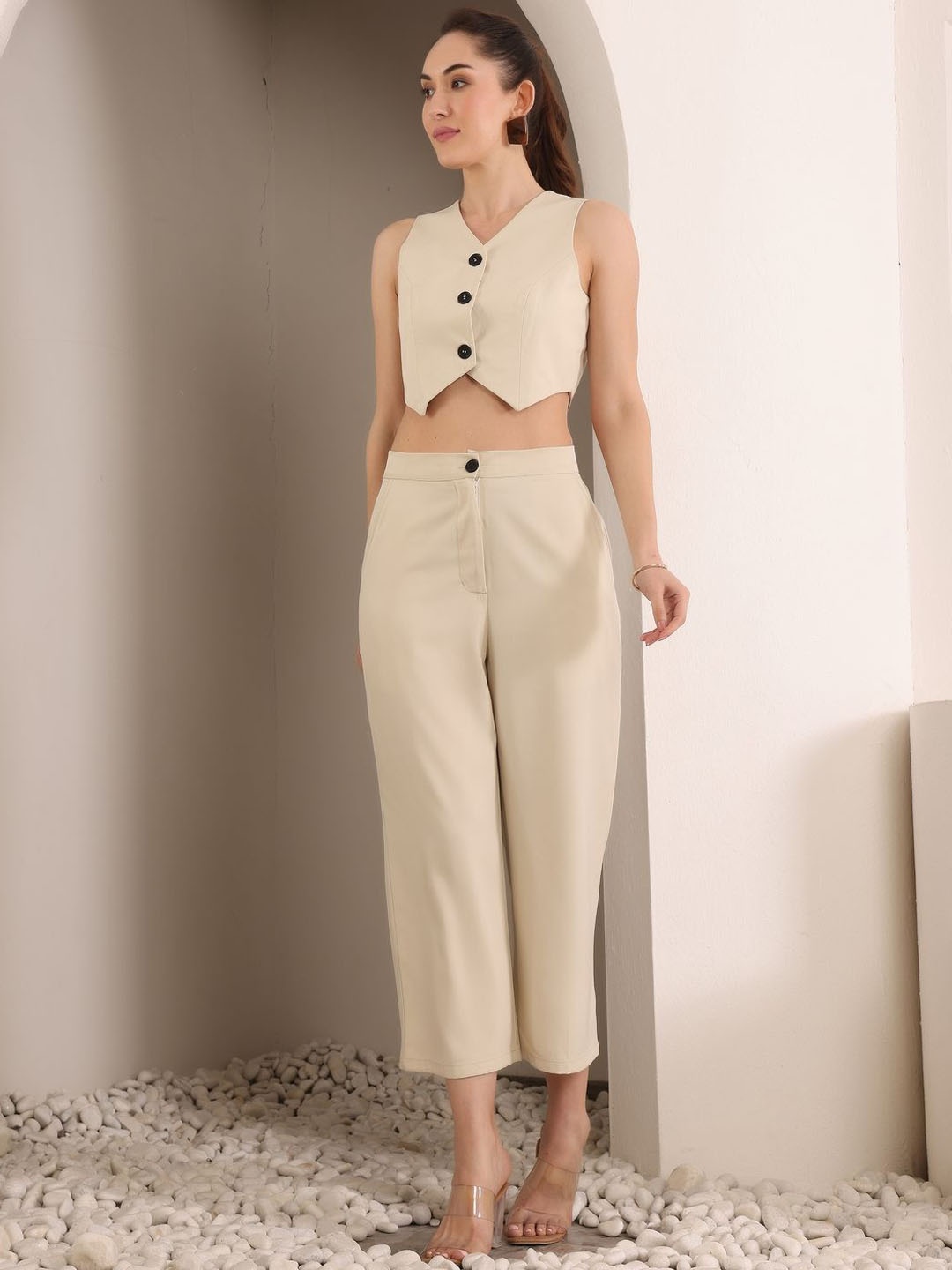 

ADORNIA V Neck Waistcoat With Trousers, Beige