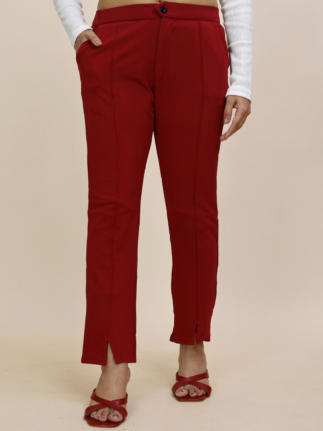 

Fashion FRICKS Women Relaxed Easy Wash Chinos Trousers, Red