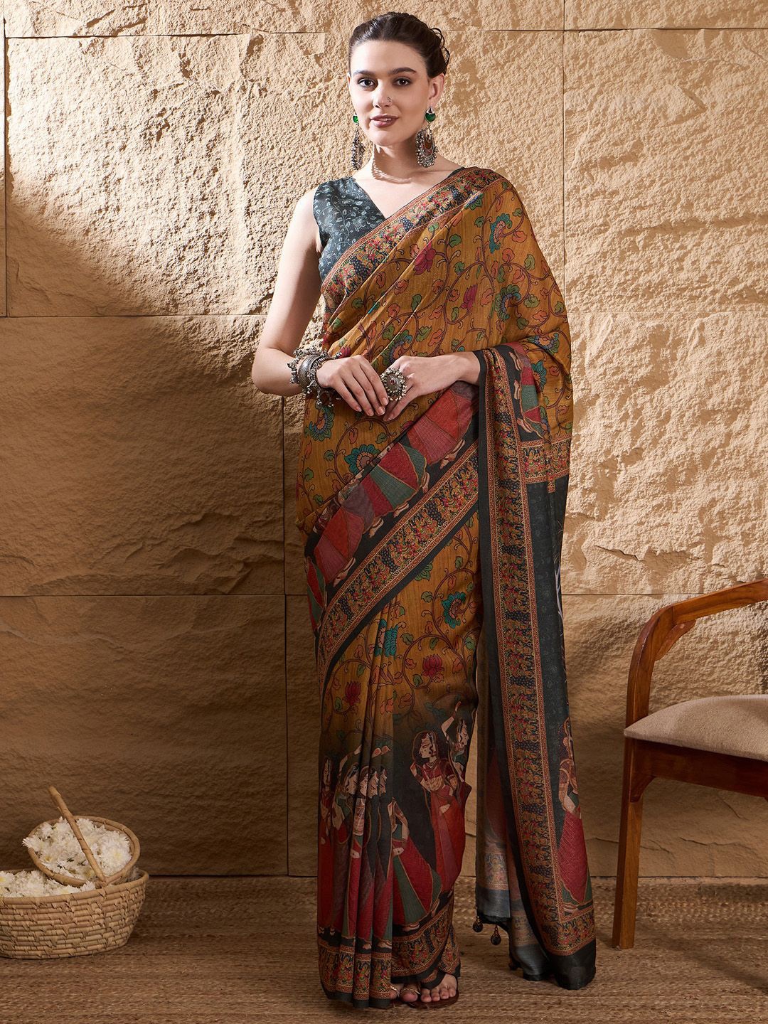 

Mitera Kalamkari Silk Blend Tussar Saree, Brown