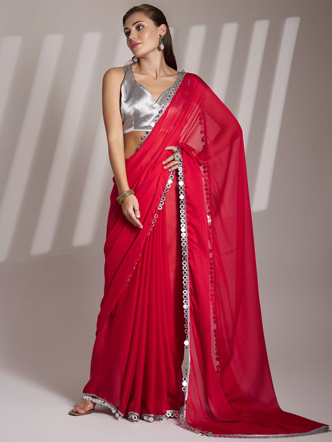 

Kalista Sequinned Pure Chiffon Ready to Wear Saree, Red