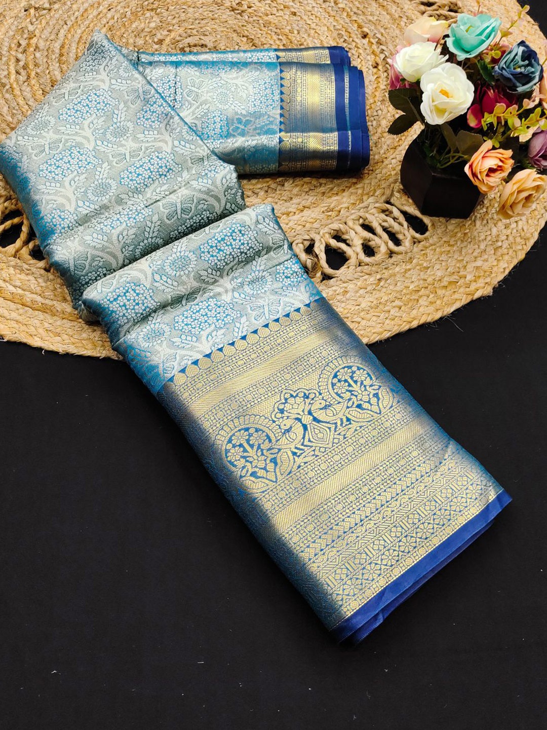 

yourwish Woven Design Zari Pure Silk Kanjeevaram Saree, Teal