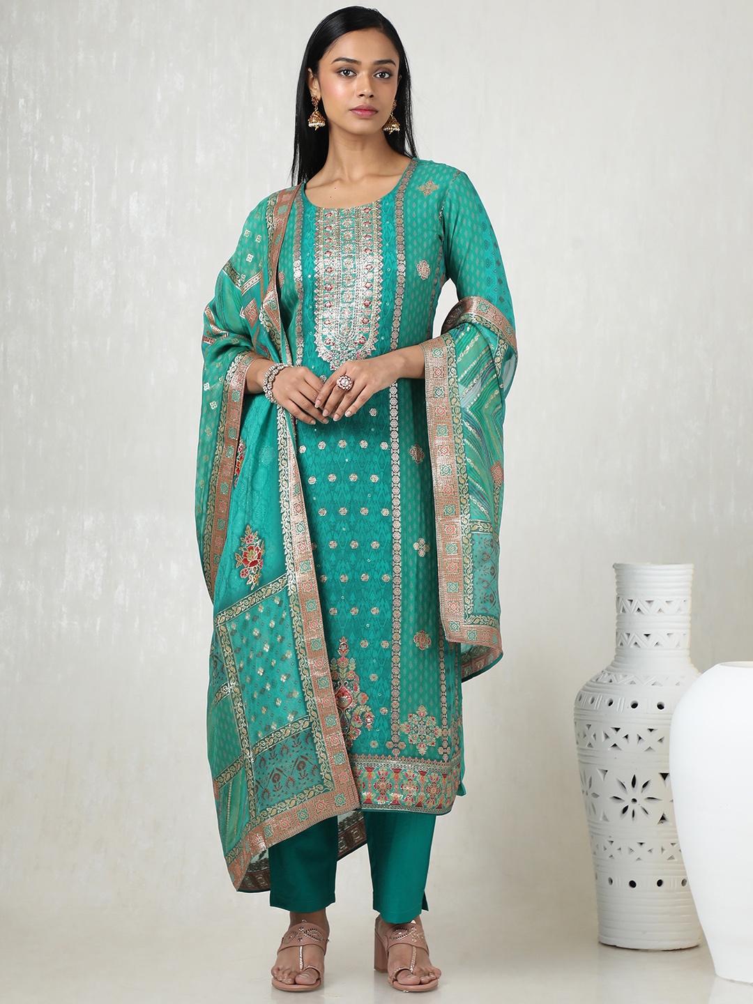 

Soch Women Floral Regular Beads and Stones Kurta with Trousers & With Dupatta, Green