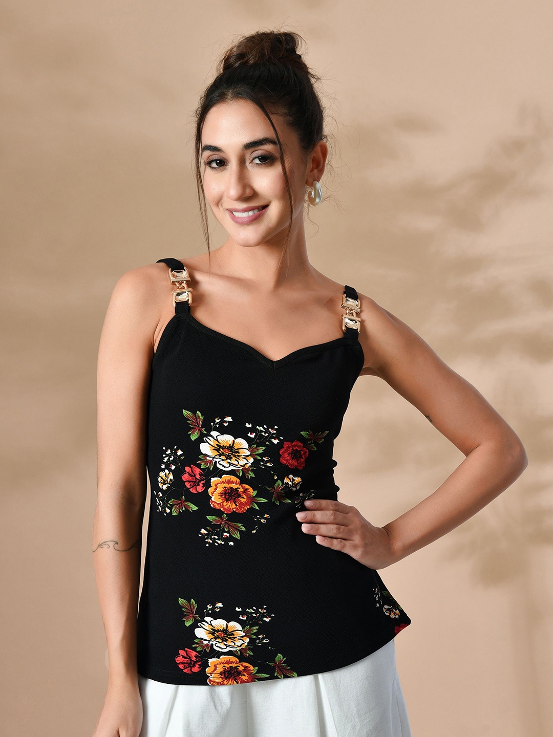 

BAESD Floral Print Sweetheart Neck Studded Top, Black