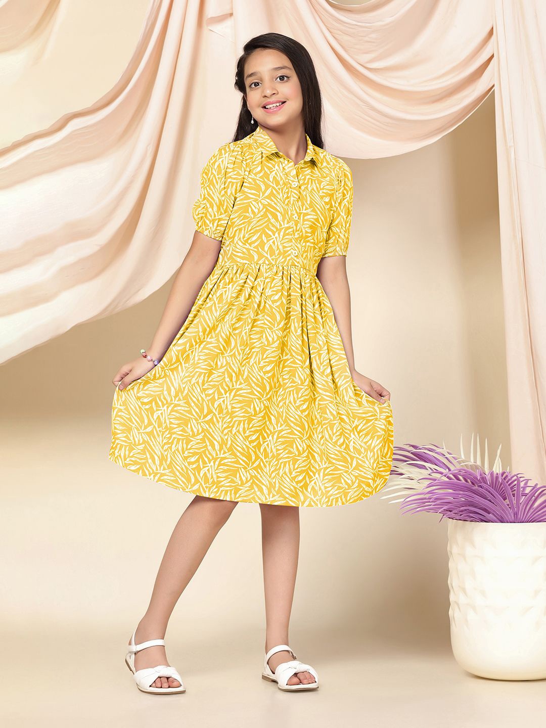 

BAESD Print Puff Sleeve Fit & Flare Dress, Yellow